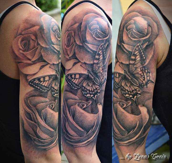 Schmetterling und Rosen Arm Tattoo