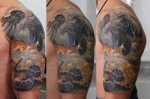 Realistische Landschaft mit Adler und Schlange