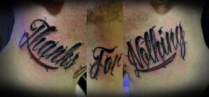 Schriften Tattoo am Hals: ‚Thanks For Nothing‘ Motiv