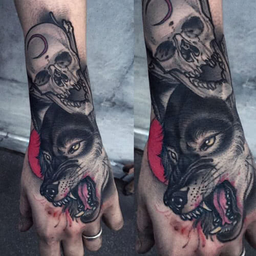 Tattoo Totenkopf und Wolfskopf
