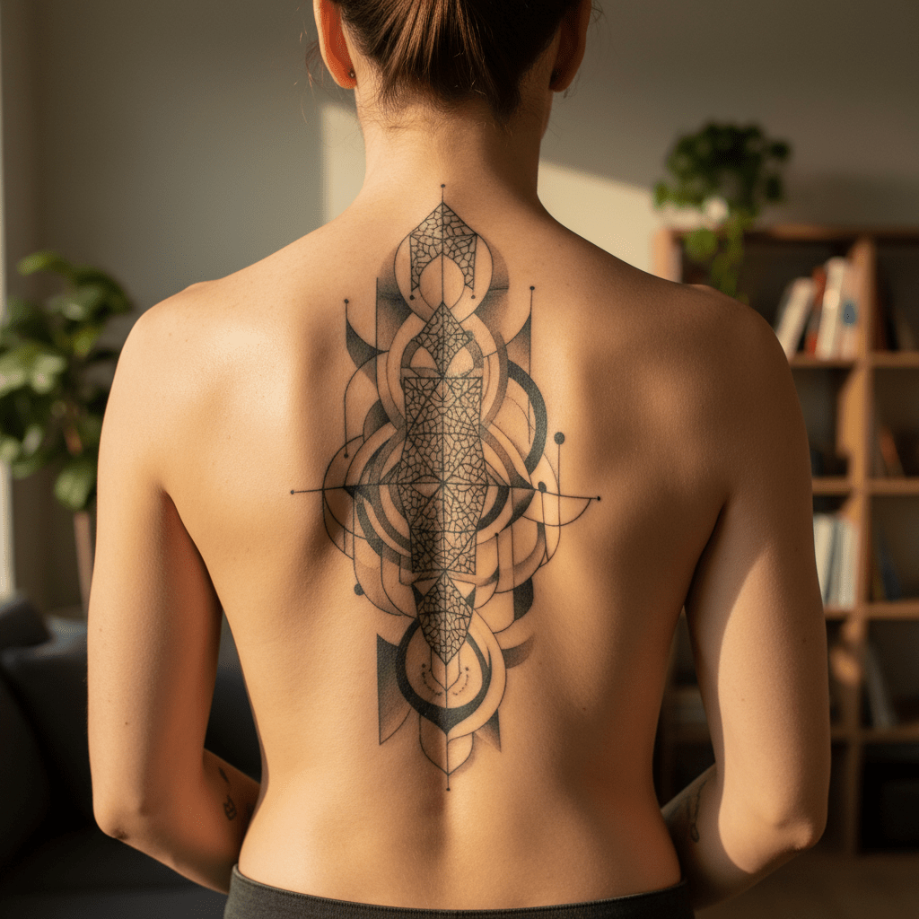 Abstrakte Tattoo Kunst: Eleganz und Stärke auf der weiblichen Silhouette