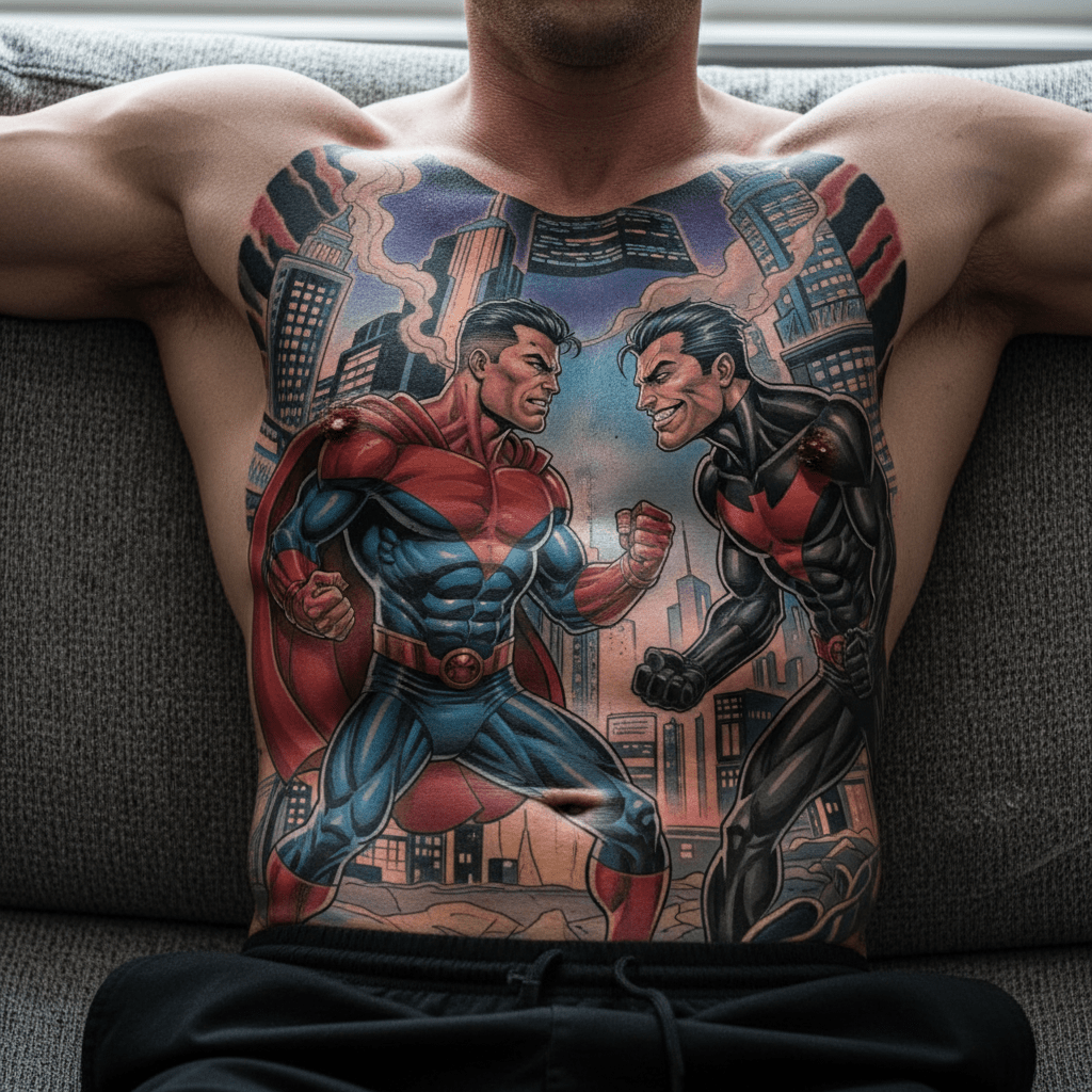 Action-packed comic tattoo: epic superhero scene on a man’s stomach