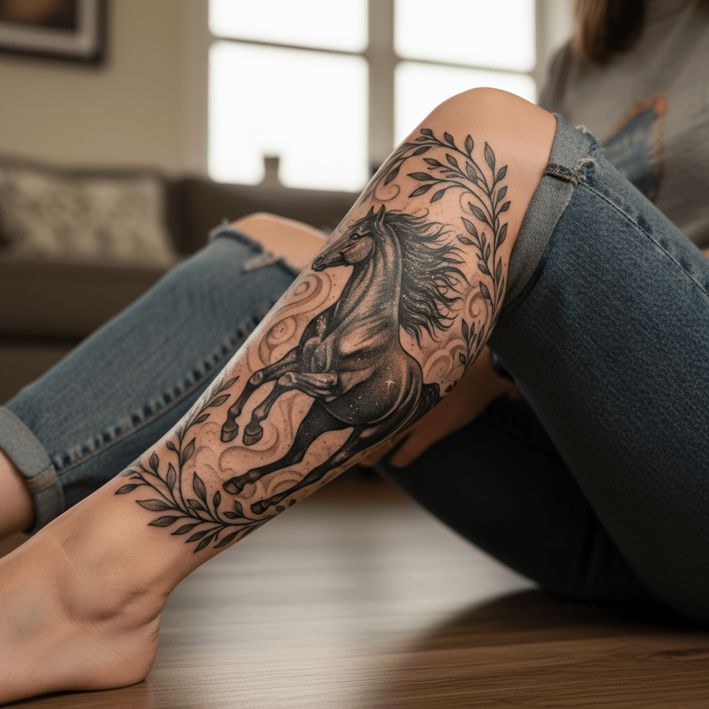 Animal elegance: imaginative wild horse tattoo in the forest at night