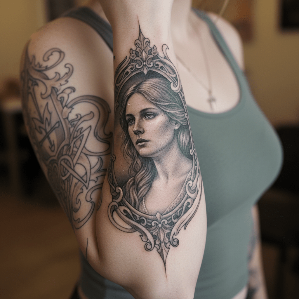 Artistic tattoo template for the arm: realism and portrait art