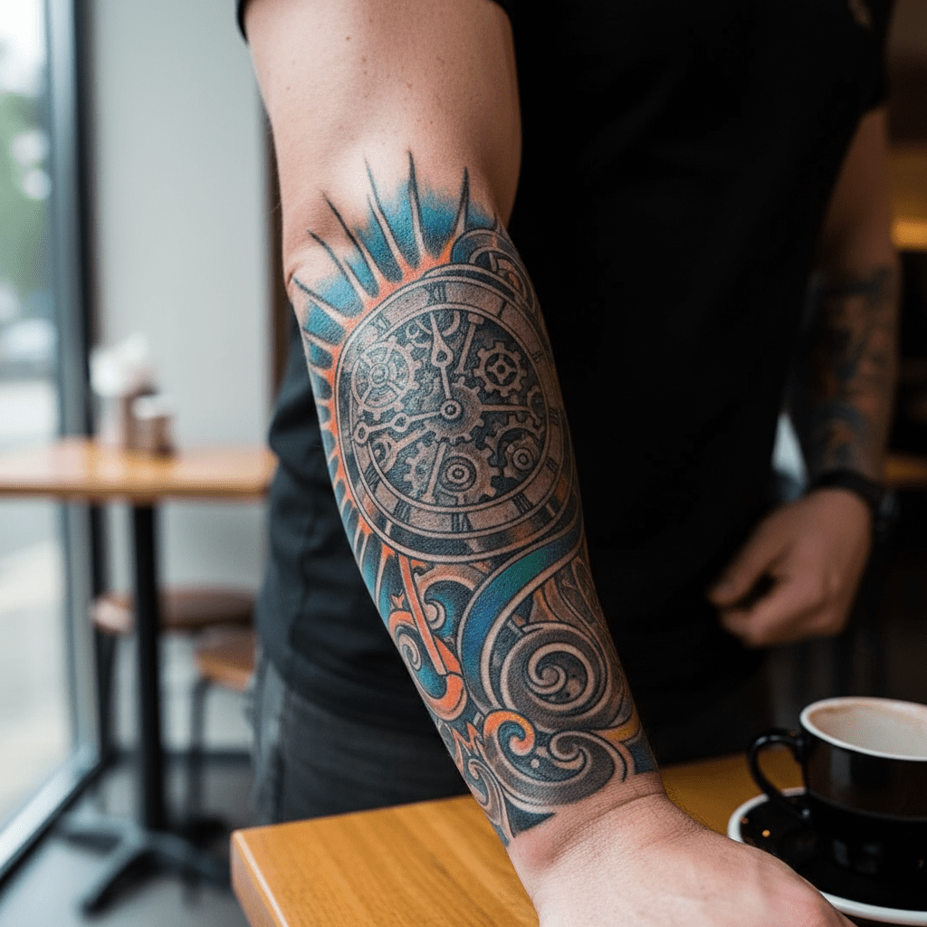 Artística fusión de old school y new school: tatuaje de reloj mecánico en el brazo de un hombre