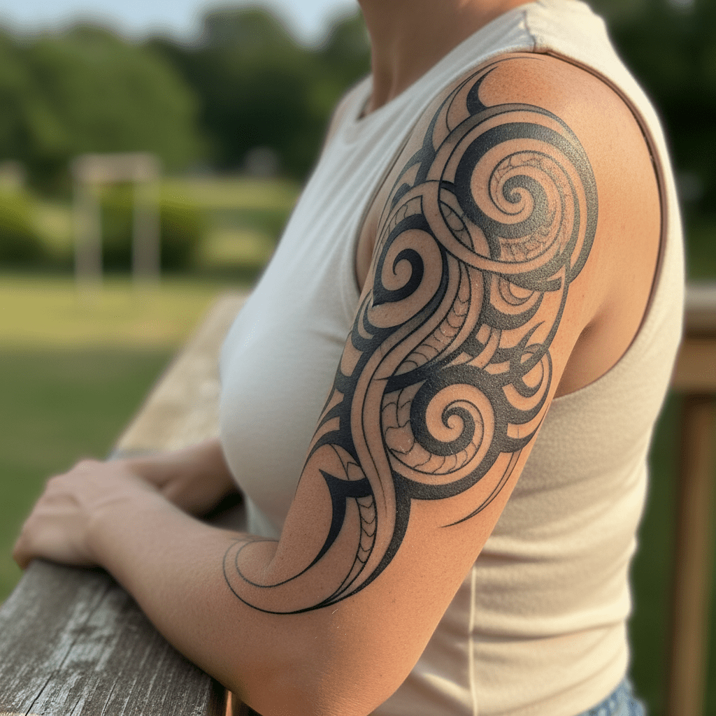 Atemberaubendes Tribal-Tattoo: Zeitgemäße Eleganz und Tiefe für den Arm einer Frau