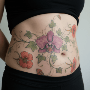 Tatuaje en el vientre con orquídeas y zarcillos de hiedra: una obra de arte vegetal dinámica y natural
