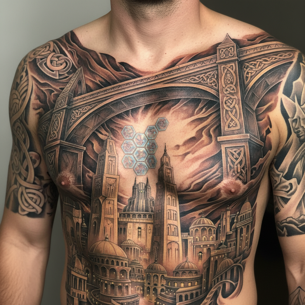 Chef-d&rsquo;œuvre de l&rsquo;art corporel : l&rsquo;architecture rencontre le futur dans un design de tatouage épique