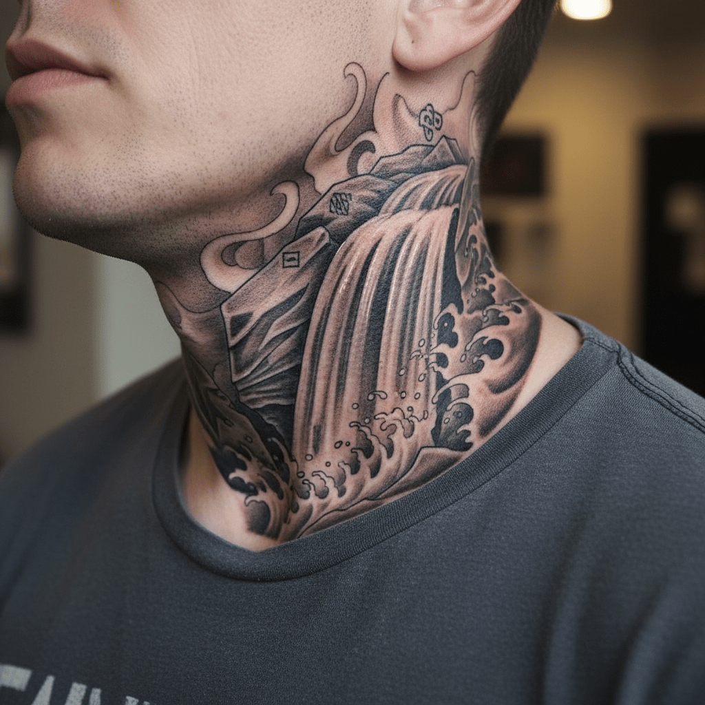 Chute d&rsquo;eau majestueuse : un élégant tatouage pour le cou, symbole de force et de renouveau