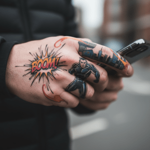Comic-Helden-Abenteuer: Einzigartige Tattoo-Vorlage für Männerfinger