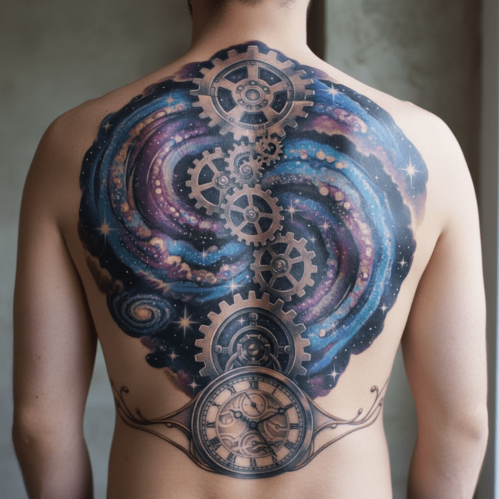 Cosmic-mechanical back tattoo: fantasy and precision combined