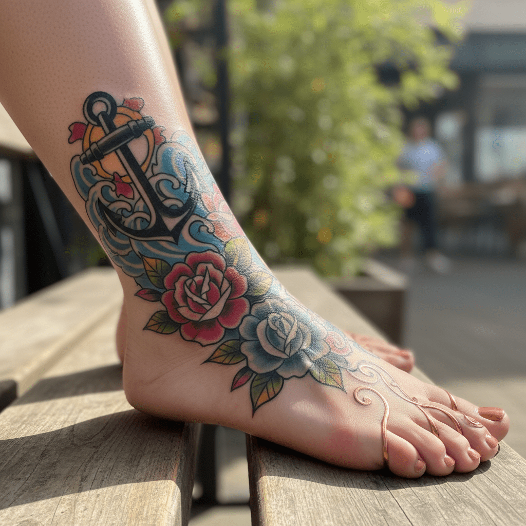 Creative tattoo fusion: old school meets new school on a female foot