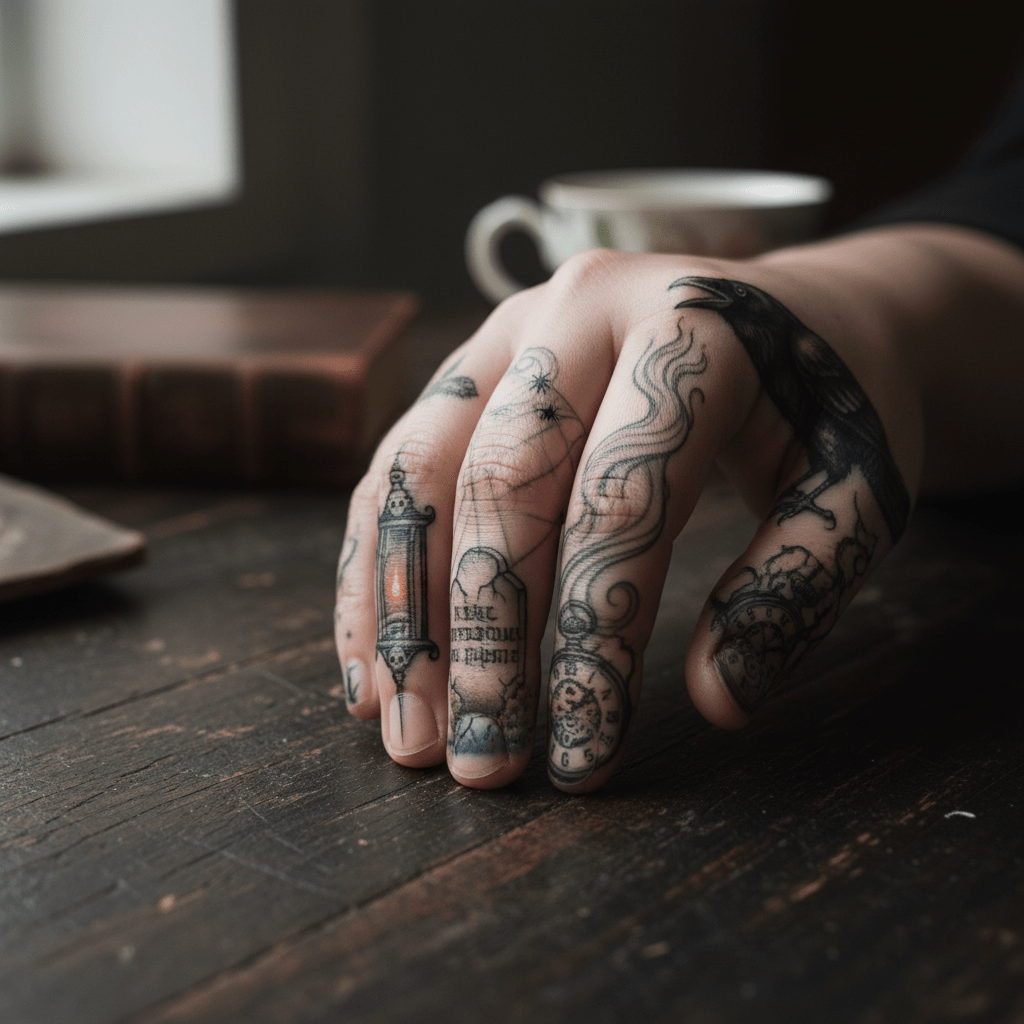 Dark elegance: unique horror tattoo design for fingers