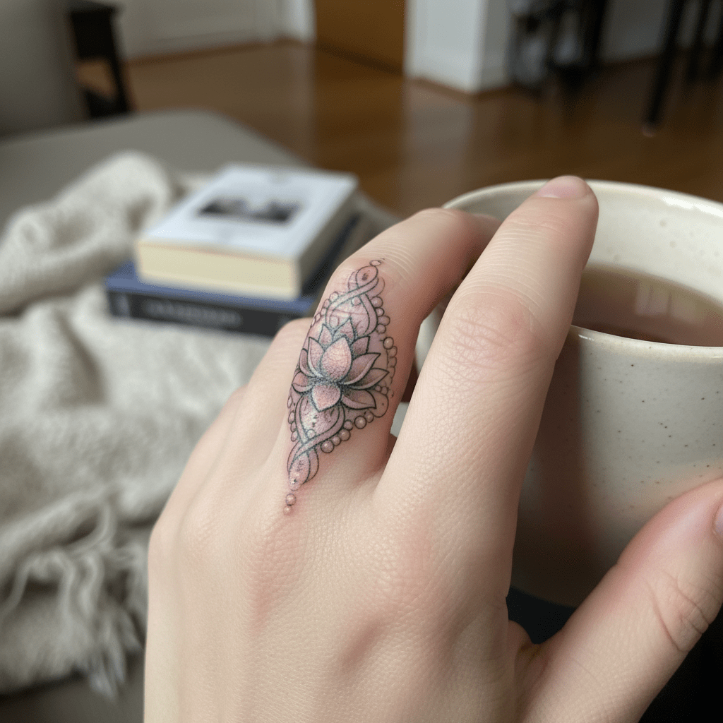 Delicado tatuaje ornamental con flor de loto y perlas para el dedo