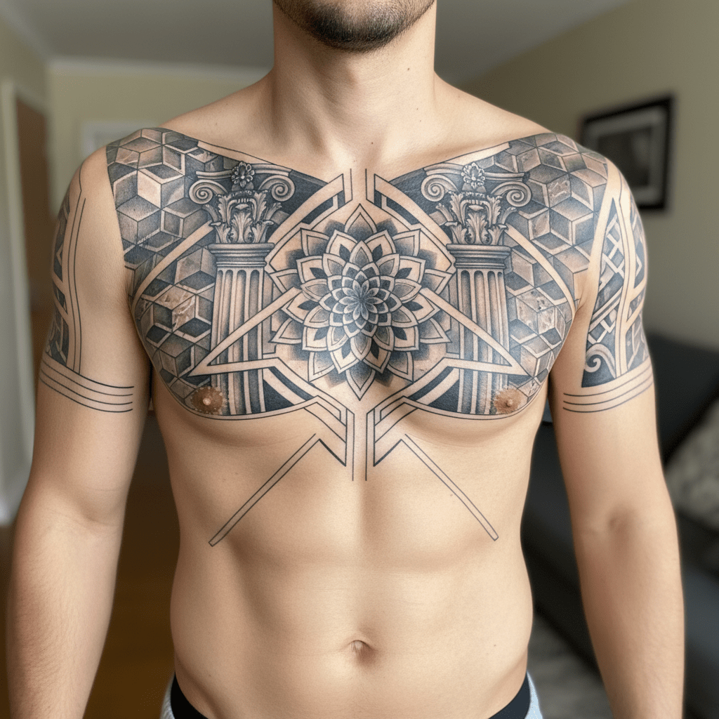 Dessin de tatouage masculin : la géométrie rencontre l&rsquo;architecture antique pour la poitrine et le torse