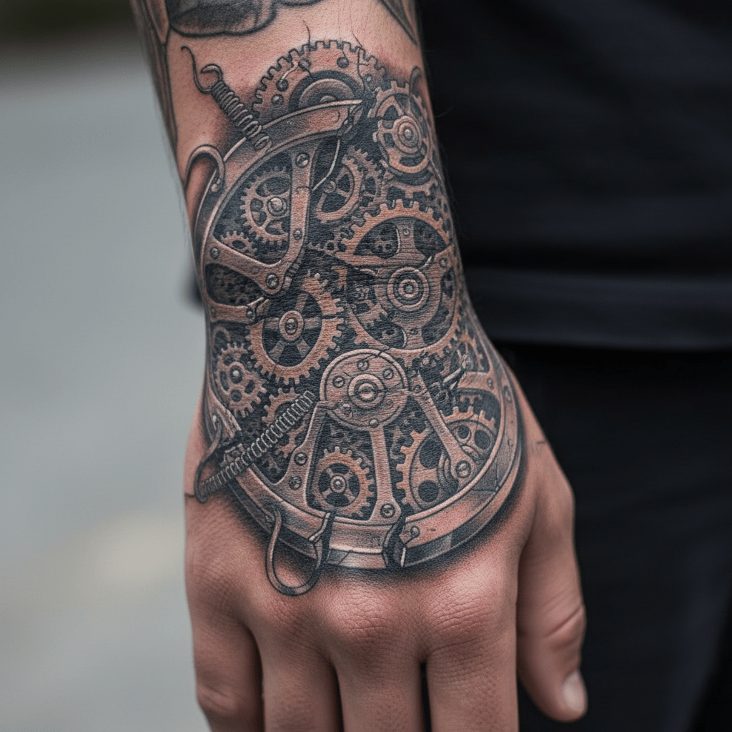 Diseño de tatuaje 3D para hombre: Fascinante motivo de relojería en el dorso de la mano
