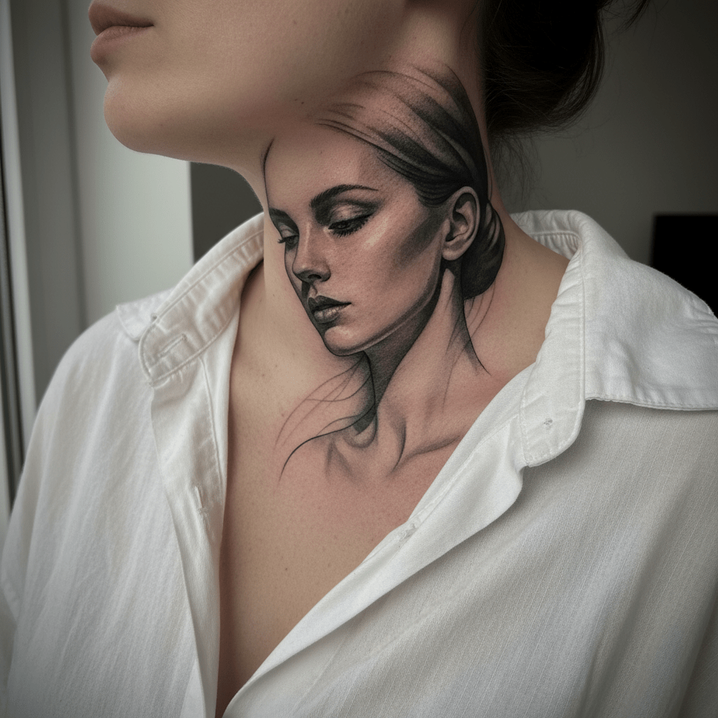 Dreamlike portrait tattoo: Elegant woman in dreamlike-realistic style