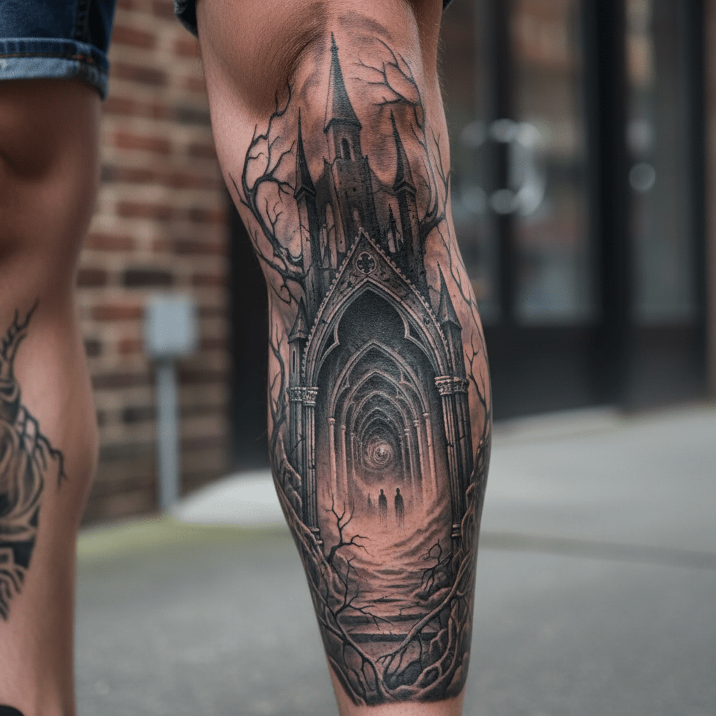Düstere Nebelarchitektur: Gotisches Bein-Tattoo Meisterwerk