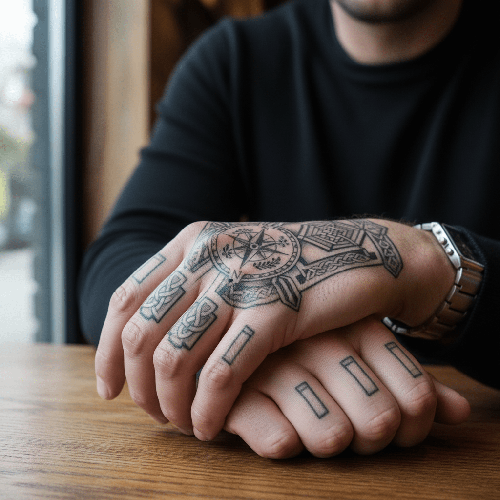 Elegance and depth: hand tattoo in modern antique style
