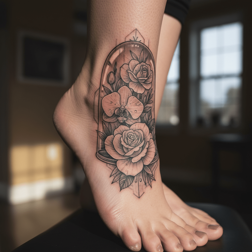 Elegance and sophistication: Floral foot tattoo with glass dome design