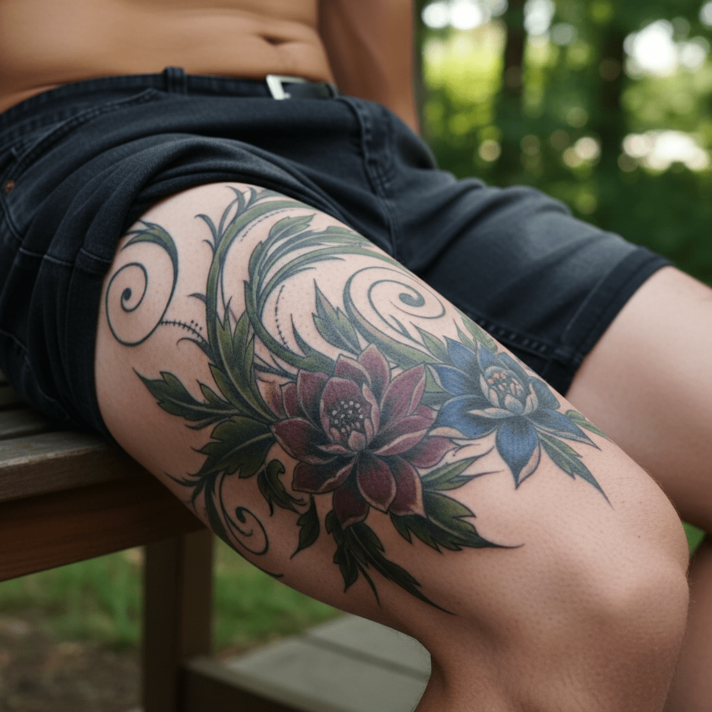 Élégance masculine : dessin de tatouage floral pour le haut de la cuisse des hommes