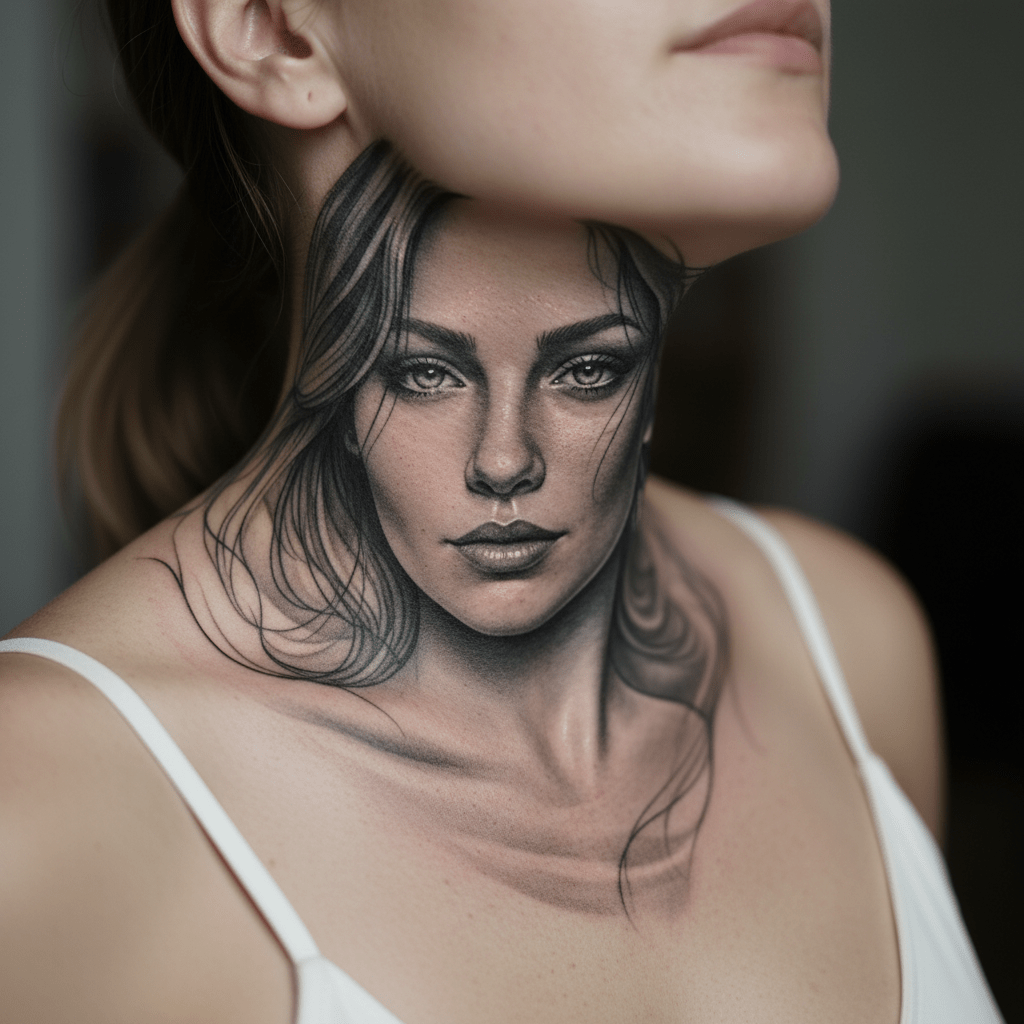 Elégance séduisante : tatouage réaliste de portrait pour le cou d&rsquo;une femme