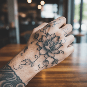 Elegancia floral y fuerza masculina: estilizado tatuaje de flor de loto para el dedo
