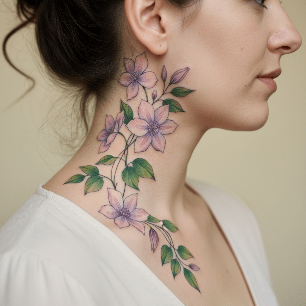 Elegant clematis neck tattoo for women: Floral beauty and feminine grace