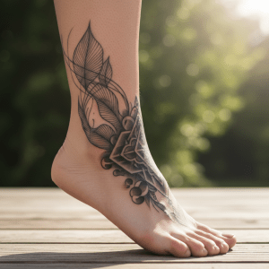 Elegant foot tattoo: criss-cross in filigree lines