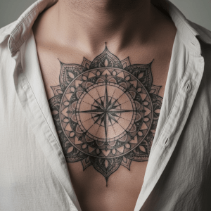 Elegante tatuaje de mandala geométrica con diseño de brújula para el pecho y la parte superior del cuerpo