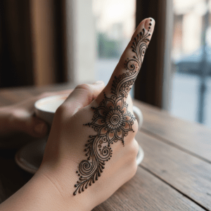 Elegant henna finger tattoo for women: Unique design with mandala motif