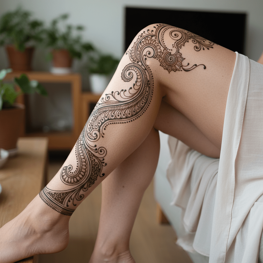 Elegant henna tattoo on the leg: a fusion of tradition and modernity