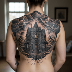 Elegant horror tattoo: Gothic manor house on female back