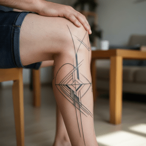 Elegant leg tattoo for men: dynamic lines and geometric shapes
