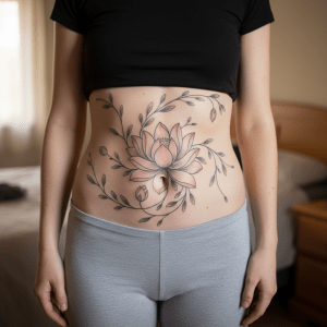 Elegant lotus blossom tattoo for the stomach: modern art meets natural beauty