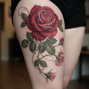 Elegante tatuaje de rosa: arte floral a lo largo de la pierna