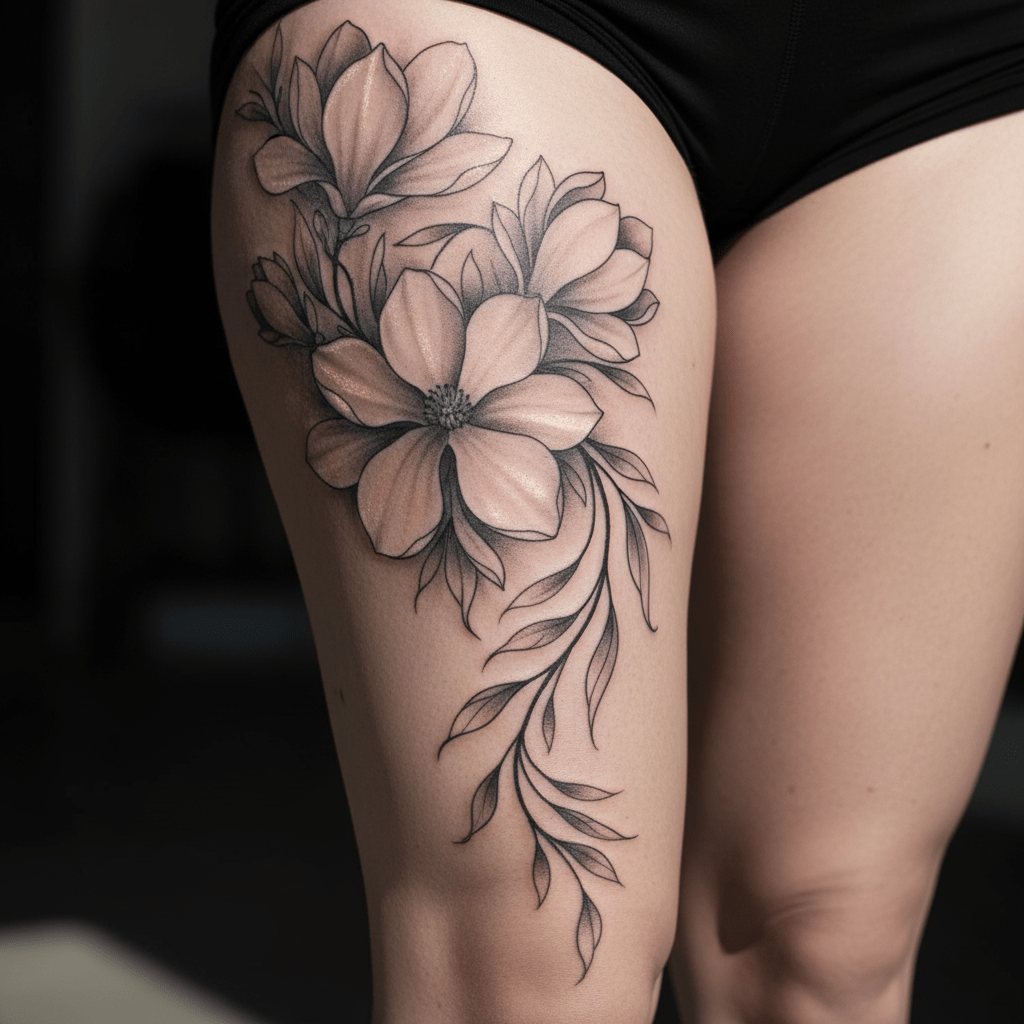 Elégant tatouage floral pour femmes : Féminin et unique sur la jambe