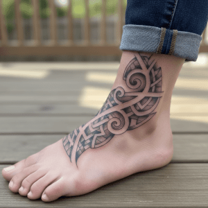 Elegant tribal foot tattoo: curved lines and harmonious shapes on the ankle