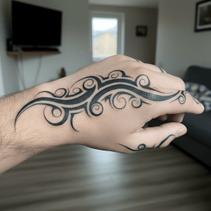 Elégant tatouage tribal pour la main : dynamisme et harmonie à l&rsquo;encre noire