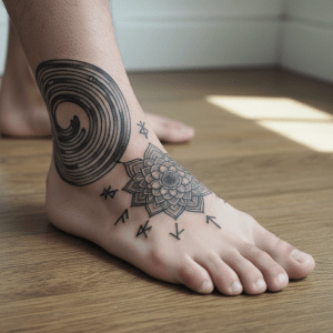 Elegante diseño de tatuaje para pies masculinos: espirales, mandalas y runas en perfección