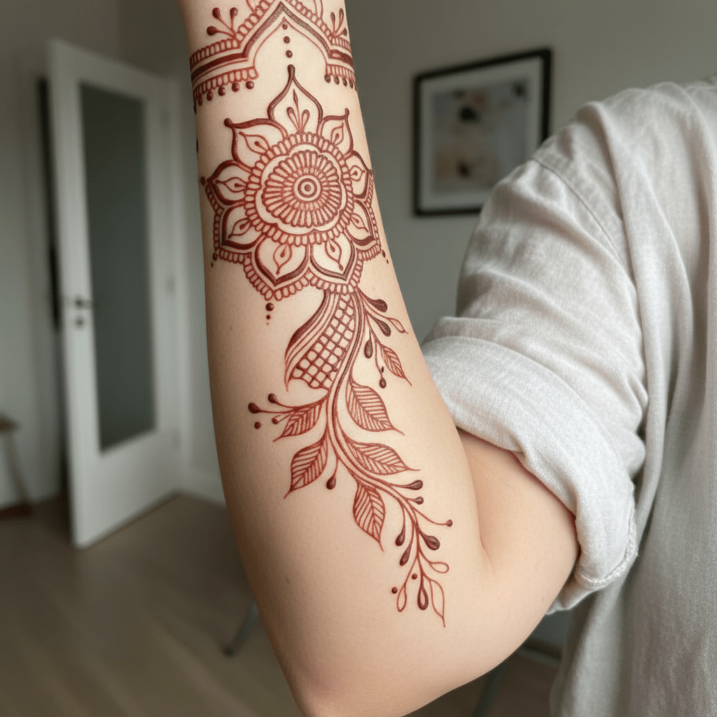Elegante motivo de tatuaje de henna: hojas de filigrana y mandala para el brazo