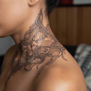 Elegante Netzspitze: Mystisches Hals-Tattoo Design