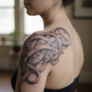 Elegante tatuaje 3D en el hombro: expresivo arte cutáneo para mujeres
