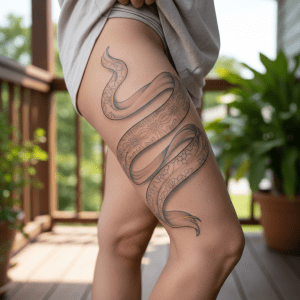 Elegante tatuaje de cinta de seda para piernas de mujer: elegante idea para cubrirse con un toque oriental