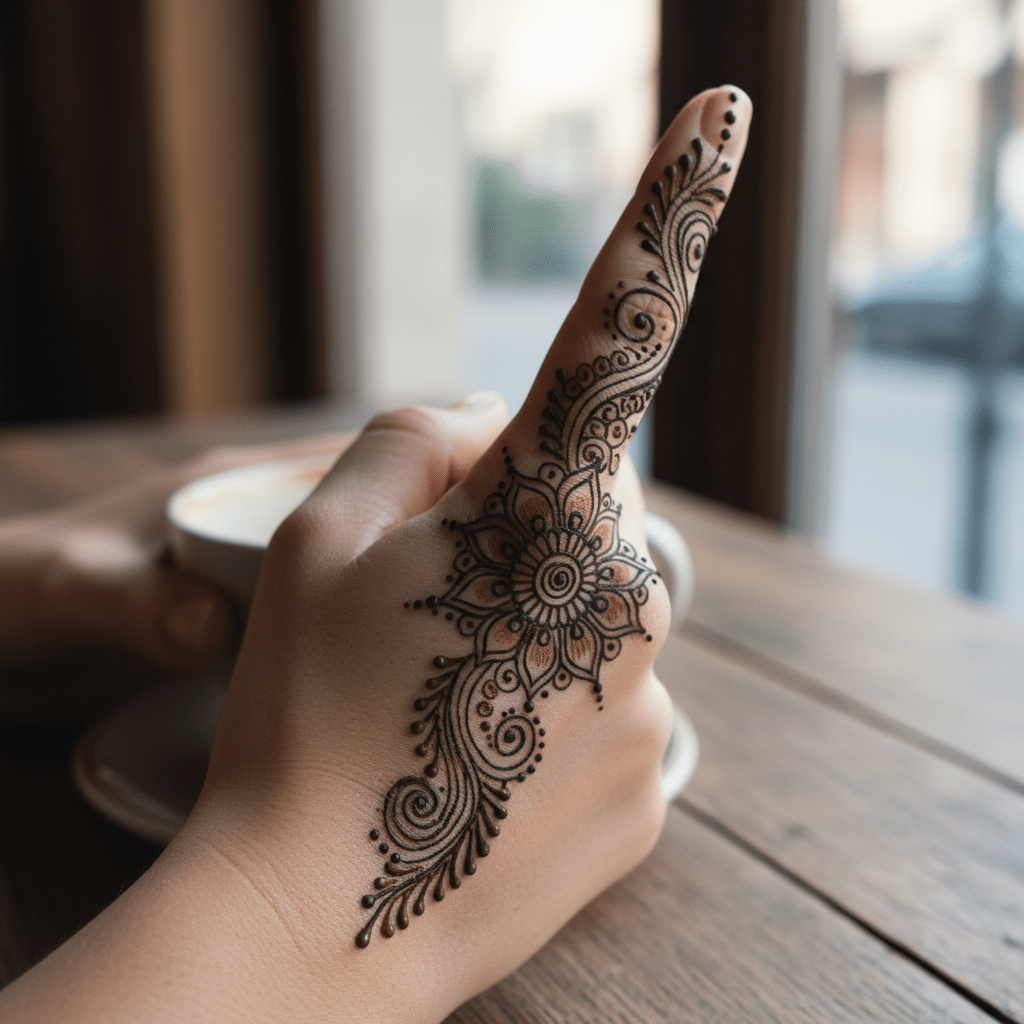 Elegante tatuaje de henna en el dedo para mujer: Diseño único con motivo de mandala