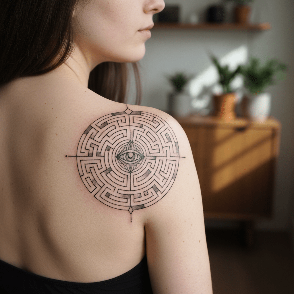 Elegante tatuaje de laberinto: símbolo de sabiduría y fuerza interior