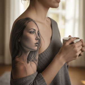 Elegante tatuaje realista de mujer en el hombro