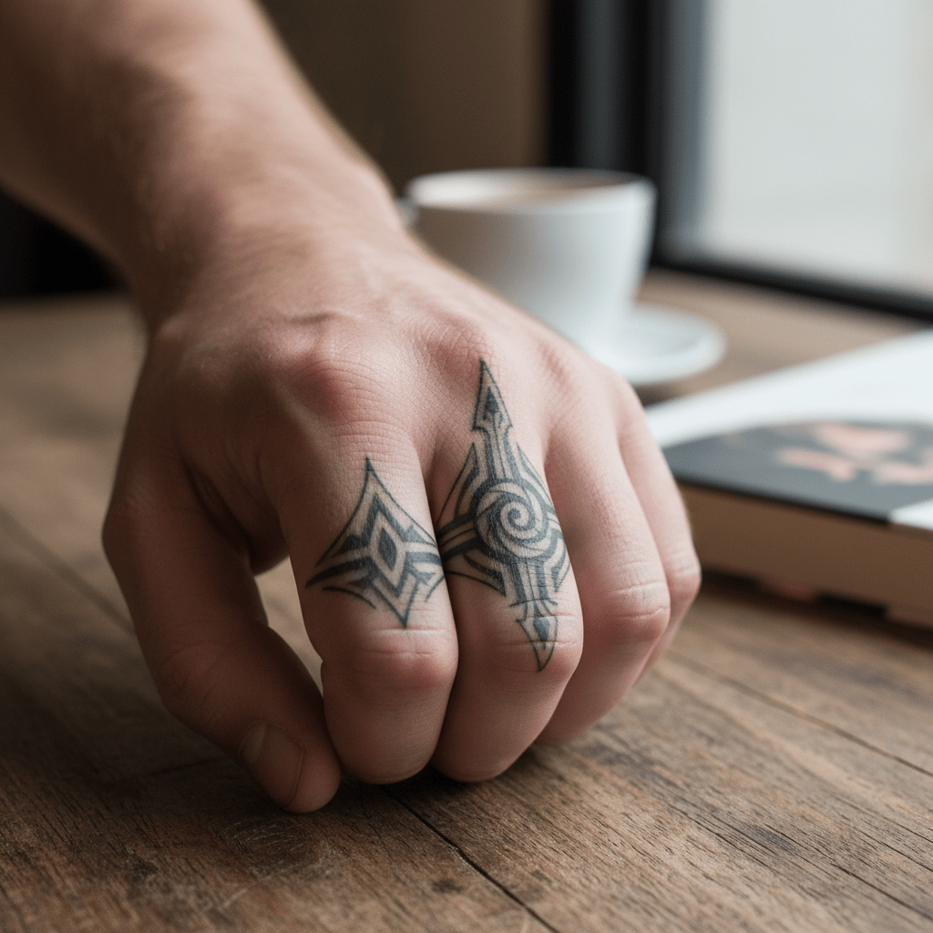 Elegante tatuaje tribal para dedos de hombre: arte intemporal con sofisticación moderna