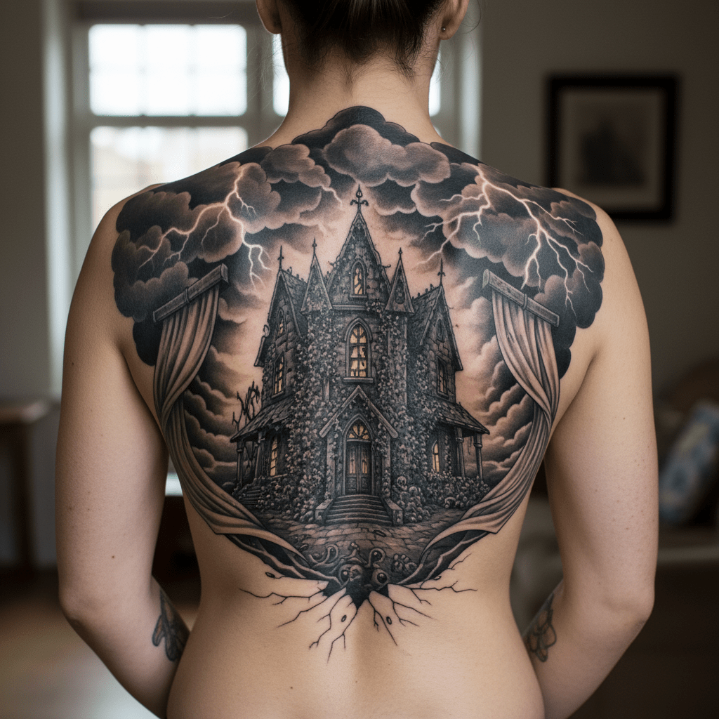 Elegantes Horror-Tattoo: Gotisches Herrenhaus auf weiblichem Rücken