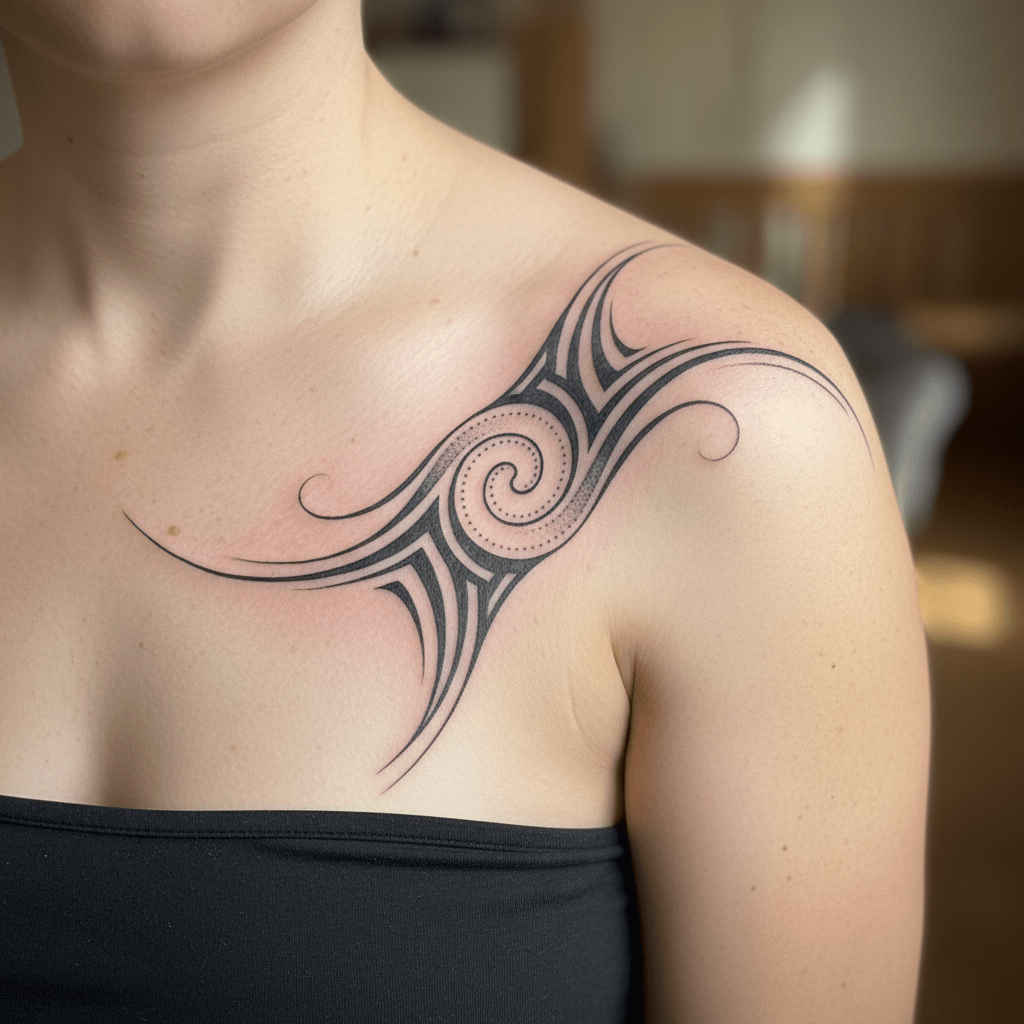 Elegantes Tribal-Schultertattoo für Frauen: Fließende Linien und organische Kurven
